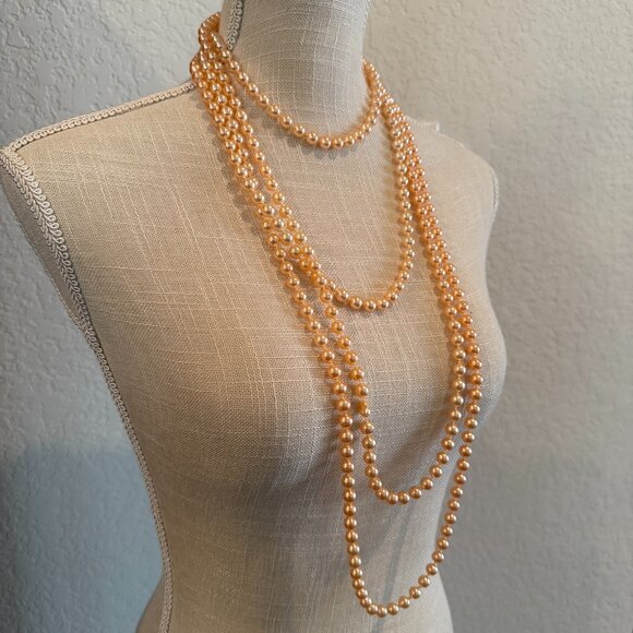 Apricot Color Faux Pearls Flapper 112 Inches Long - Picture 6 of 8